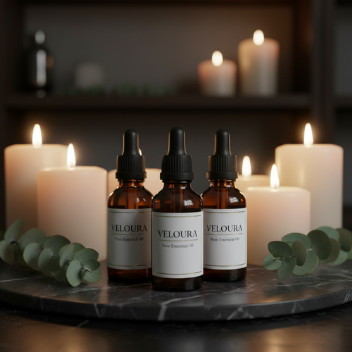 Huile essentielle VELOURA - flacon ambré 10ml avec rose et pétales - aromathérapie luxe